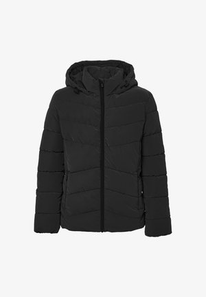 Schwarze Pufferjacke mit Kapuze, ausgestattet mit einem gesteppten Design, vorderem Reißverschluss und seitlichen Taschen. Glatte, isolierte Stoffoberfläche.