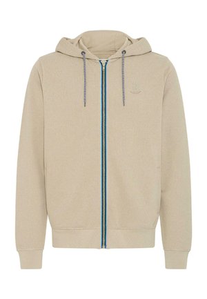 Bézs színű cipzáros kapucnis pulóver texturált felülettel, kék és szürke cipzár részletekkel, valamint egy kis logóval a bal mellrészen. Húzózsinóros kapucnival rendelkezik.