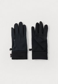 Guanti neri in tessuto morbido con un design aderente. Presentano una presa texturizzata sul dito indice, strap regolabili sui polsi e un polsino aderente.