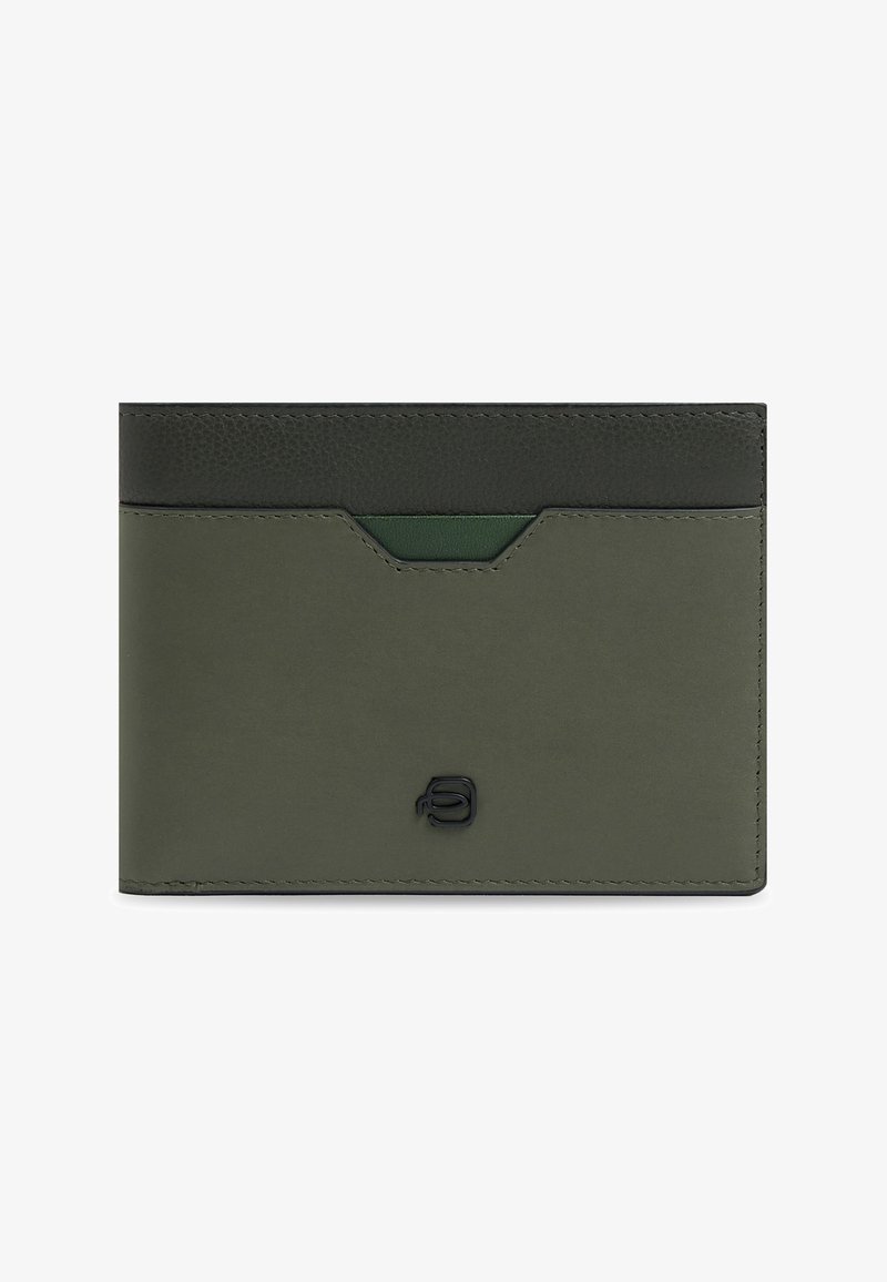 Portefeuille à deux volets mince en cuir vert olive foncé avec un logo en relief noir et des détails de couture supérieure.