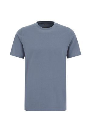 Camiseta lisa de manga corta y cuello redondo en azul pizarra apagado, exhibida plana sin logotipos ni patrones visibles.