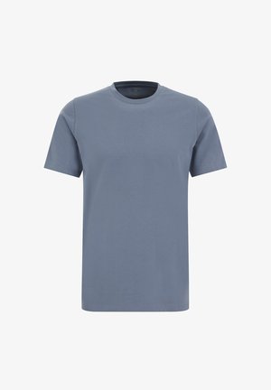 Prosty t-shirt z krótkim rękawem i okrągłym dekoltem w stonowanym odcieniu łupkowego niebieskiego, ukazany na płasko, bez widocznych logo ani wzorów.