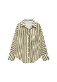Camicia a righe verdi e bianche con maniche lunghe, chiusura frontale con bottoni e taschino sul petto sinistro con motivo a chevron. Materiale in cotone.