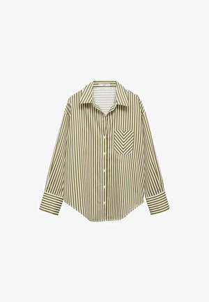 Cămașă cu dungi verzi și albe, cu mâneci lungi, cu închidere prin nasturi în față și un buzunar pe partea stângă a pieptului, cu un model în formă de V. Material din bumbac.