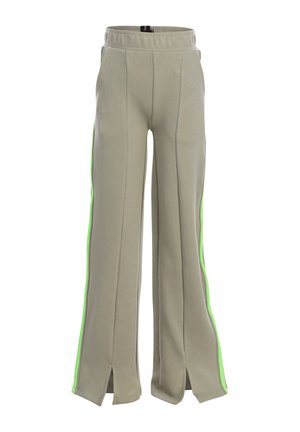 Beige wijde broek met neon groene zijstrepen, naden aan de voorkant, elastische tailleband, zijzakken en voorste pijpopeningen bij de zoom.