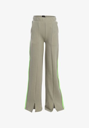 Beige wijde broek met neon groene zijstrepen, naden aan de voorkant, elastische tailleband, zijzakken en voorste pijpopeningen bij de zoom.