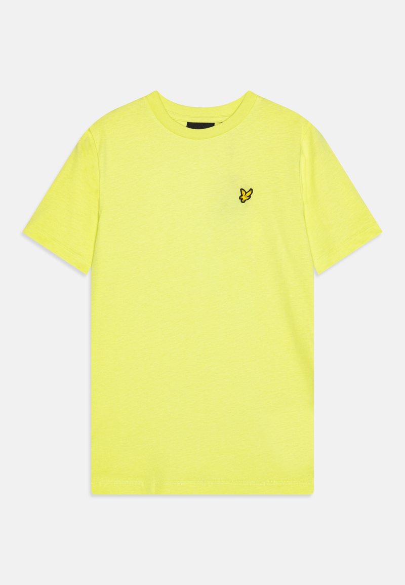 T-shirt giallo brillante a maniche corte realizzato in tessuto morbido, con un piccolo logo ricamato di una farfalla nera sul lato sinistro del petto.
