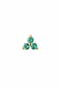 Pendiente triangular que presenta tres piedras preciosas circulares verdes con un acabado facetado, engastadas en una base de metal de tono dorado con acentos redondos.