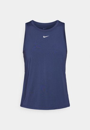 Nattblå, ermeløs treningsgenser laget av glatt, lett materiale. Har rund hals og en liten hvit Nike-logo på brystet.