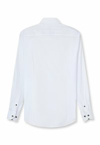 White long-sleeve shirt featuring a classic collar and buttoned cuffs with black buttons. Smooth texture and curved hem at the back.