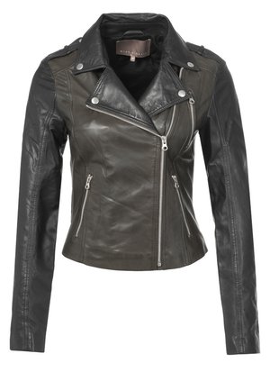 Schwarze und dunkel olivgrüne Lederbikerjacke mit asymmetrischem Frontreißverschluss und Reißverschlusstaschen an den Seiten, langen Ärmeln und Reverskragen.