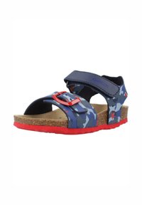 Sandalias de camuflaje azul y gris con acentos rojos, plantilla de corcho, correa ajustable y suela de goma, con un diseño de punta abierta y detalle de estrella.