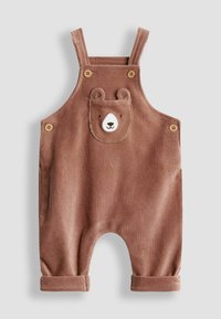 Braune Corduroy-Latzhose mit einem Bärenkopf auf der Tasche, ausgestattet mit Knopfträgern und hochgerollten Bündchen. Weiche Textur und verspieltes Design.