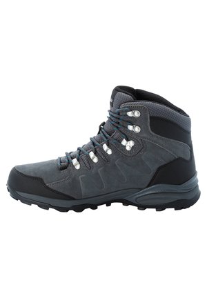Grauer Wanderschuh mit strukturiertem Obermaterial, gepolstertem Kragen und blauen Akzent-Schnürsenkeln. Verfügt über eine robuste Gummisohle für guten Halt.
