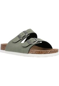 Grüne Slip-On-Sandalen mit zwei verstellbaren Metall-Schnallenriemen, Korkfußbett und weißer Gummisohle. Weiches Material und offenes Design sorgen für Atmungsaktivität.