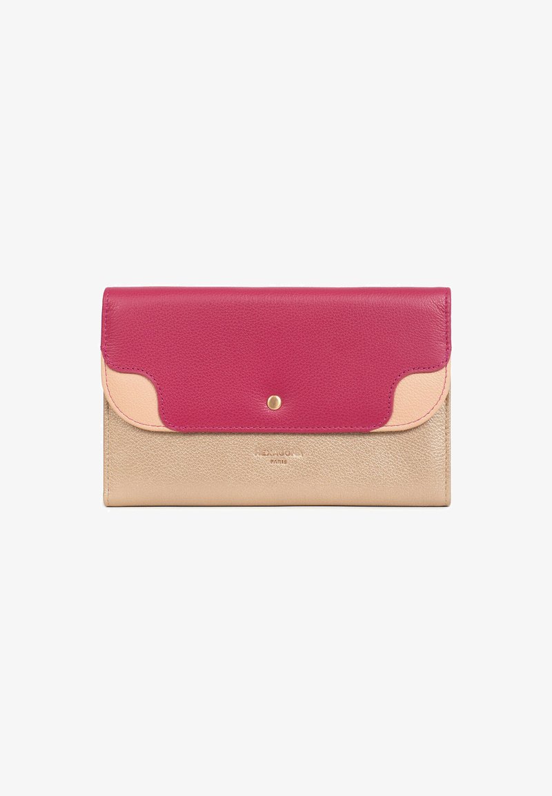 Leren portemonnee met een roze bovenklep, lichtbeige onderkant en afgeronde accenten. Voorzien van een gouden drukknoopsluiting en een geperst logo.