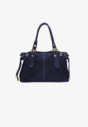 Borsa in suede blu navy con dettagli in oro, doppie maniglie e legacci laterali, caratterizzata da una forma strutturata e una consistenza morbida.