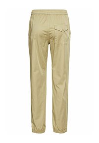 Helle beige Cargo-Hosen mit einem elastischen Bund, Bündchen und einer Gesäßtasche mit einem Knopfdetail. Glattes, leichtes Material.