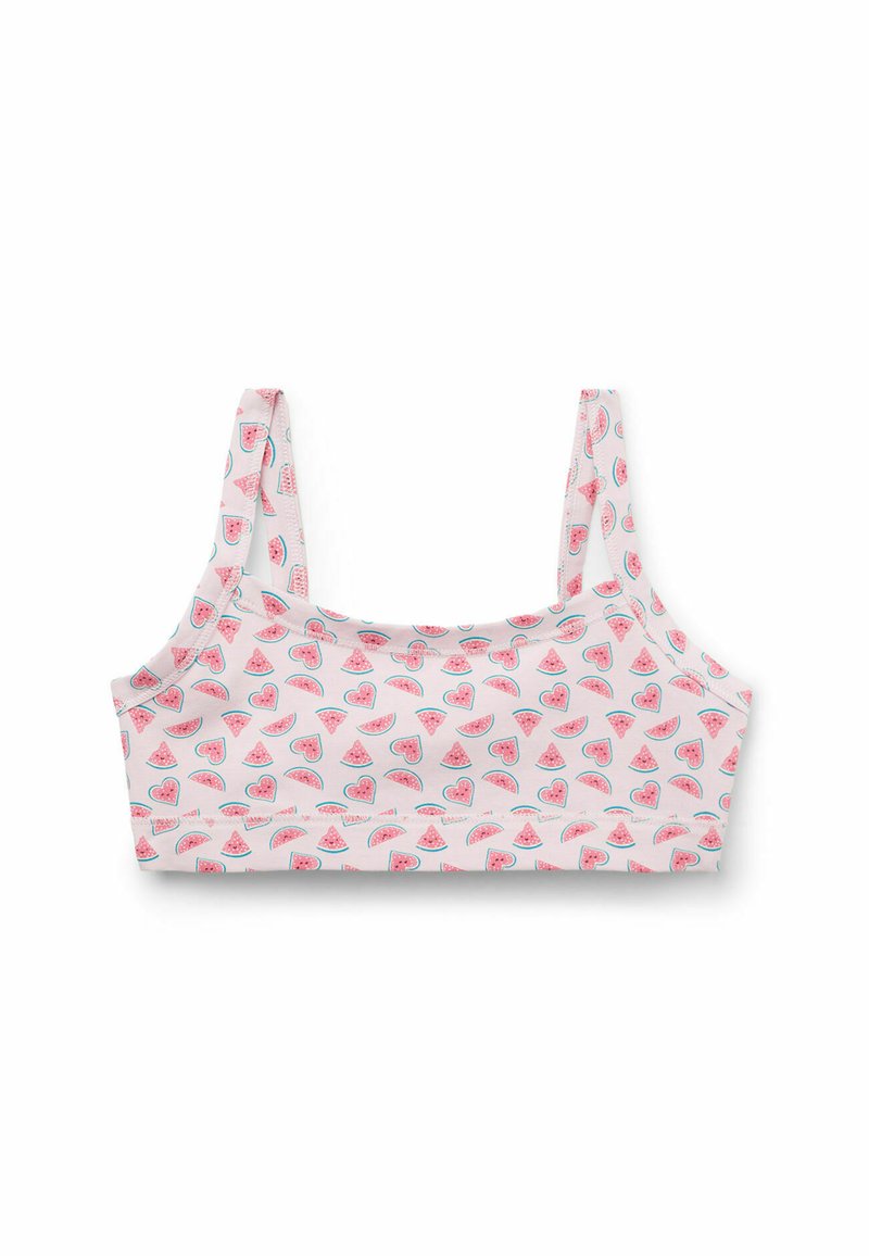 Růžový bralet s opakovaným vzorem plátku vodního melounu. Materiál je měkký a pružný, má široká ramínka a pohodlný, přiléhavý střih.