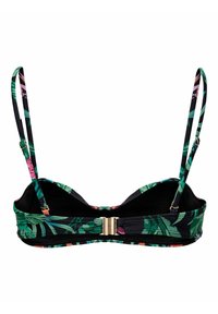 Top bikini floreale in verde e nero, con spalline regolabili, una chiusura dorata e un design imbottito con motivi di foglie tropicali.