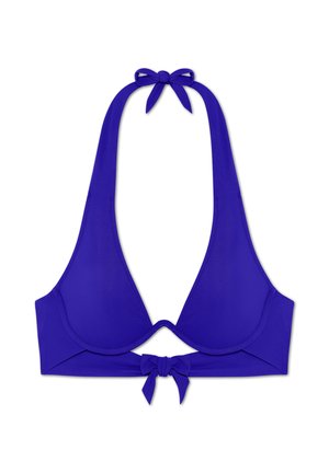 Fialová bikiny s nápletom okolo krku, so hlbokým tvarom V a viazaním na krku a chrbte. Hladký, elastický materiál.
