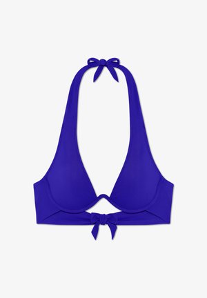Fioletowy biustonosz bikini z halterem, z głębokim dekoltem w kształcie litery V i wiązaniami na szyi i plecach. Gładki, elastyczny materiał.