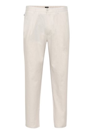 Beige linnen broeken met een rechte pasvorm, voorzien van twee frontzakken, een knoopsluiting en een licht gestructureerd oppervlak.
