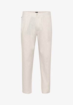 Beige linnen broeken met een rechte pasvorm, voorzien van twee frontzakken, een knoopsluiting en een licht gestructureerd oppervlak.