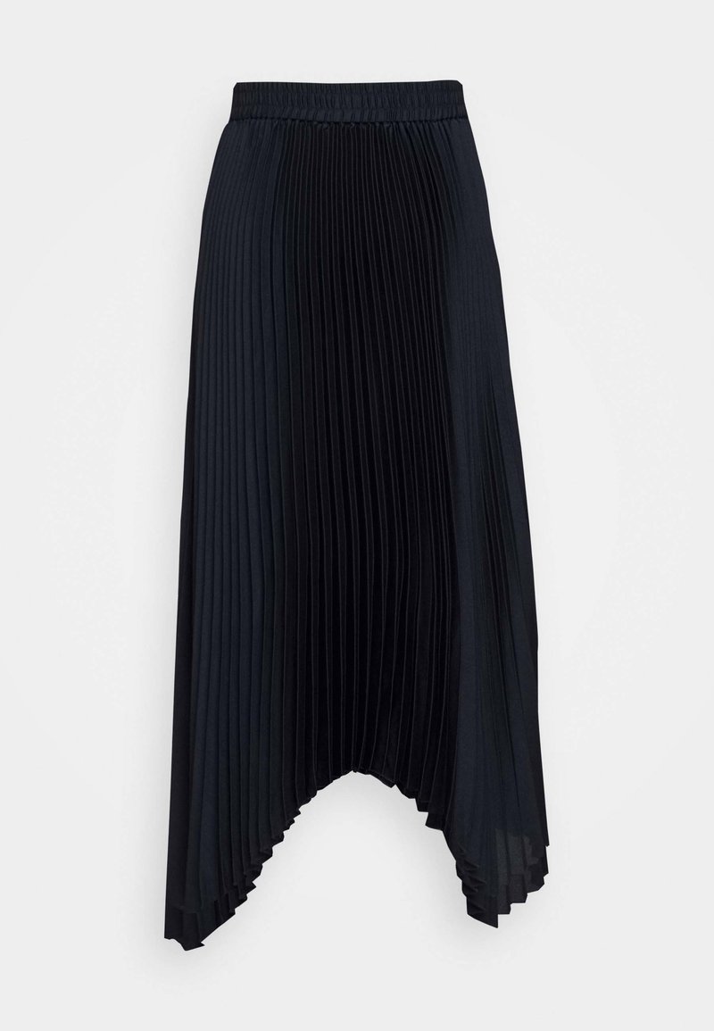 Černá plisovaná sukně s elastickým pasem, vyznačující se spodním lemem ve stylu high-low a tekutou texturou, navržená s vertikálními sklady po celé ploše.