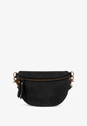 Black leather handbag with a rounded shape, gold zipper closure, and two tassels. Features metal hardware and embossed brand name.