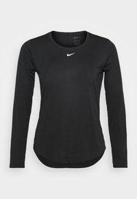 Schwarz langärmliges Nike Dri-FIT Shirt mit Rundhalsausschnitt und weißem Nike-Swoosh-Logo, das zentral unter dem Kragen platziert ist.
