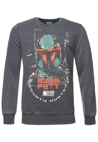 Sudadera gris con un gráfico de Boba Fett en un diseño colorido, con el texto que dice "Cazarrecompensas Boba Fett" en la parte inferior.