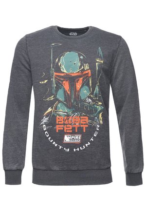 Harma sweatshirt, jossa on värikäs grafiikka Boba Fettistä ja teksti "Boba Fett Bounty Hunter" alareunassa.
