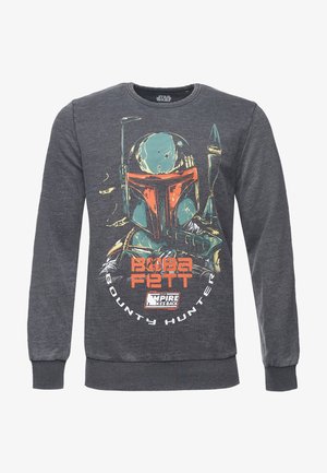 Sudadera gris con un gráfico de Boba Fett en un diseño colorido, con el texto que dice "Cazarrecompensas Boba Fett" en la parte inferior.