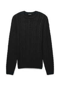 Schwarzer Kabelstrickpullover mit Rundhalsausschnitt. Mit gerippten Manschetten und Saum, aus strukturiertem Strickstoff für Wärme. 