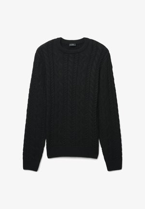 Maglione nero a treccia con scollo rotondo. Presenta polsini e orlo a coste, realizzato in tessuto a maglia testurizzato per garantire calore.