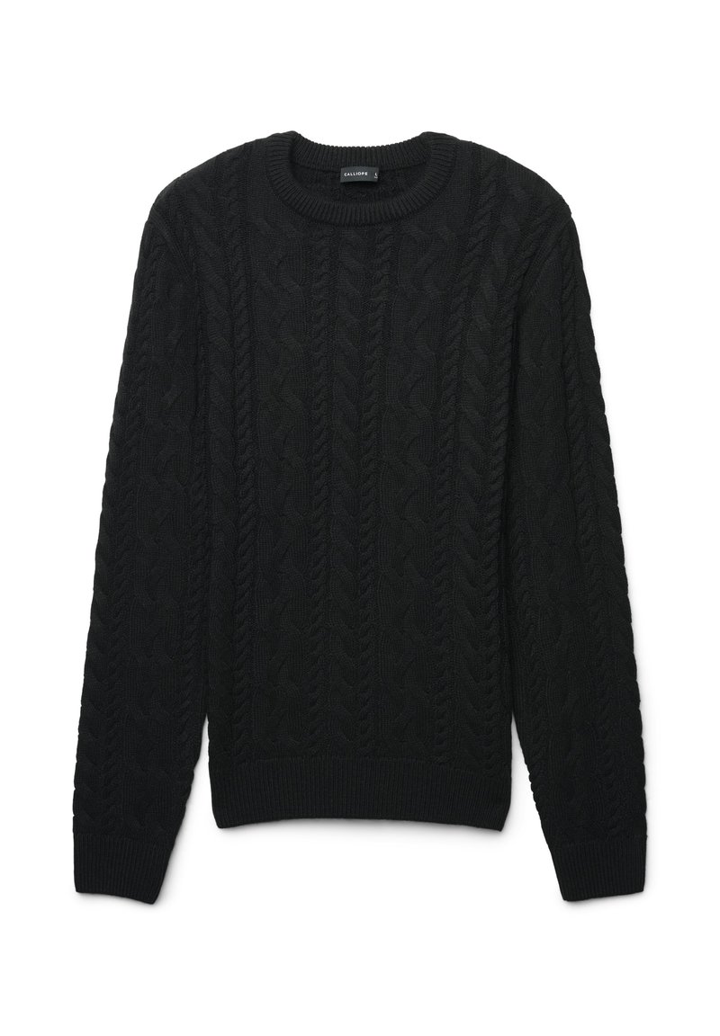Schwarzer Kabelstrickpullover mit Rundhalsausschnitt. Mit gerippten Manschetten und Saum, aus strukturiertem Strickstoff für Wärme. 