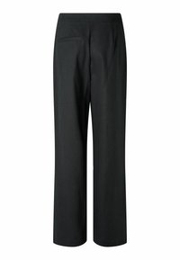 Zwarte wijde broek met een soepele textuur, een verborgen tailleband en een ontwerp met één achterzak.