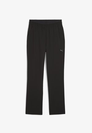 Black athletic pants with an elastic waistband, side pockets, and a small logo in silver on the left leg. Smooth, lightweight fabric.