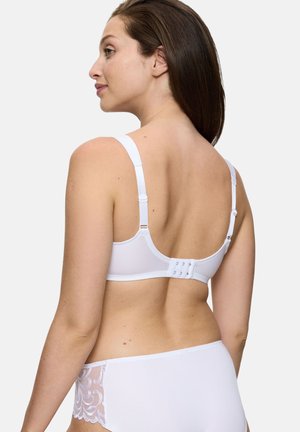 White bra with adjustable straps, smooth fabric, and a hook-and-eye closure at the back. Includes decorative lace accents on the sides.