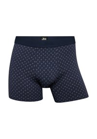 Navy blue boxer shorts made of cotton blend, featuring a subtle geometric pattern in light gray and a dark gray elastic waistband with branding.