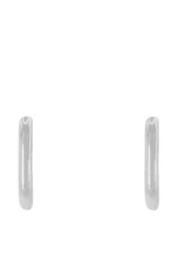 Zilveren ringoorbellen met een glad, rond ontwerp; glanzende afwerking en lichtelijk verlengde vorm. Geen zichtbare accenten of patronen.