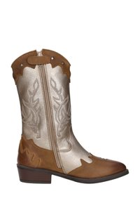 Bruine leren cowboylaarzen met een metallic gouden schacht, ritssluiting en gegraveerde bloemmotieven. Voorzien van decoratieve golvende randen.
