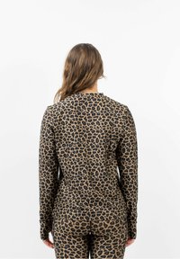 Leopardenmuster Langarmoberteil in Braun und Schwarz, mit Rundhalsausschnitt und figurbetontem Design, aus einem weichen, dehnbaren Material gefertigt.
