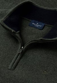 Donkergroen pullover met een ritssluiting bij de kraag, geribbelde marineblauwe binnenkant, gestructureerde stof en een geborduurd logo op de borst.