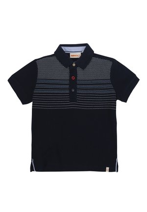 Navyblaues Poloshirt mit weißem Punktemuster auf der oberen Brust, drei Knöpfen in Beige, Rot und Navy sowie kurzen Ärmeln.