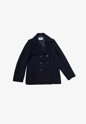 Cappotto peacoat in lana blu navy con chiusura doppiopetto, colletto a revers e due tasche laterali con bottoni neri. Tessuto liscio, forma strutturata.