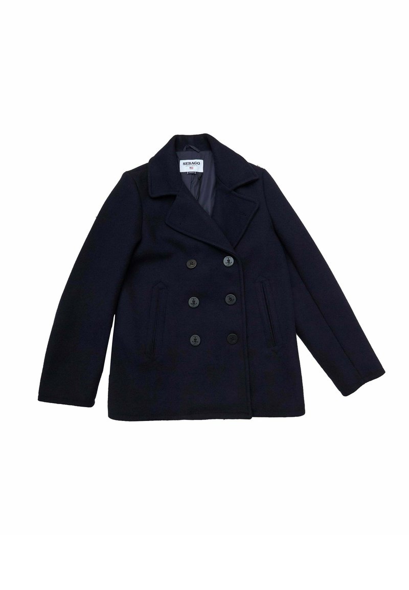 Cappotto peacoat in lana blu navy con chiusura doppiopetto, colletto a revers e due tasche laterali con bottoni neri. Tessuto liscio, forma strutturata.