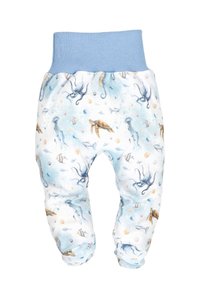 Spodenki dla niemowląt z miękkim niebieskim pasem, ozdobione podwodnymi zwierzętami takimi jak żółwie, ośmiornice, meduzy i ryby w pastelowych kolorach.