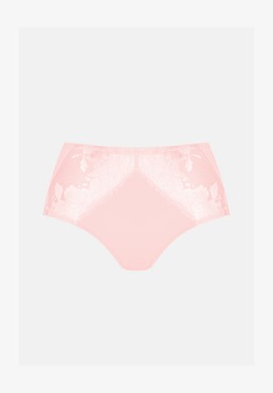 Roze high-waisted slipjes gemaakt van gladde stof met bloemenkantaccenten aan de zijkanten, met een subtiele glans en golvende randen.